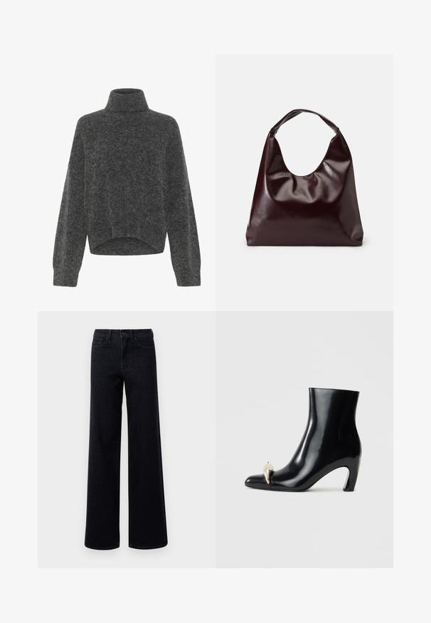 Mørkegrå, fuzzy turtleneck sweater med afslappet pasform og dropped shoulders. Blød tekstur og cropped kantdetalje. Ingen synlige lukninger.; Bredde ben sorte denim jeans med høj talje, der har standardlommer og knaplukning. Glat tekstur med en let stræk.; Sort ankelstøvle lavet af blank læder, med spids tå og en dekorativ guld- og sølvaccent foran. Design med blokhæle.; Bordeaux, skinnende vegansk læder tote taske med en blød, skulpturel form og et bredt, buet håndtag for nem bæring.