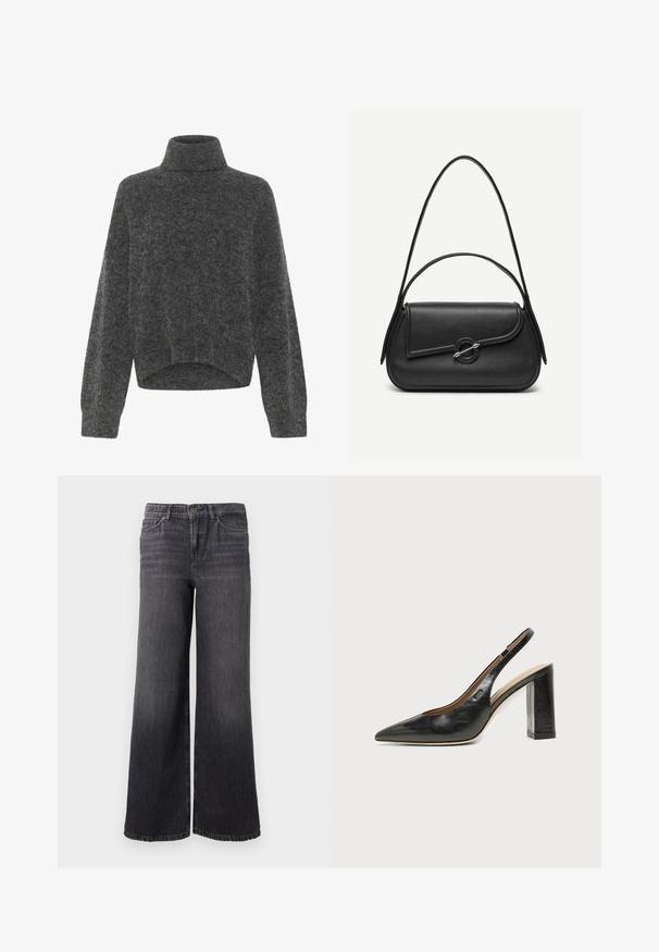 Mørkegrå, fuzzy turtleneck sweater med afslappet pasform og dropped shoulders. Blød tekstur og cropped kantdetalje. Ingen synlige lukninger.; Bredde ben mørkegrå denimjeans med en subtil falmning, der har knaplukning, fem lommer og en lige kant ved anklen.; Sort læder peep-toe slingback sko med høj blokhæl og beige indvendig foring mod en ensfarvet lys baggrund.; Sort læderhåndtaske med afrundede kanter, asymmetrisk klap, metalcirkulært spænde samt både korte og lange skulderstropper.