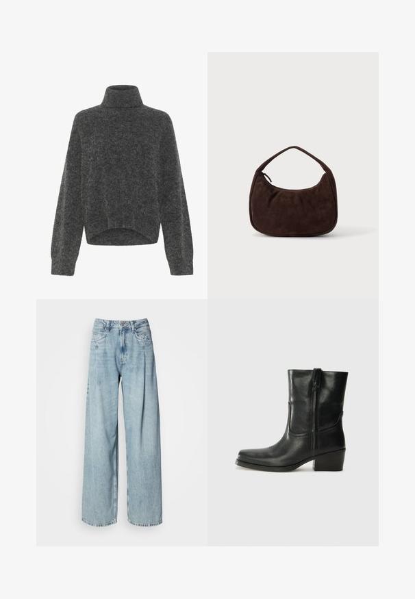 Mørkegrå, fuzzy turtleneck sweater med afslappet pasform og dropped shoulders. Blød tekstur og cropped kantdetalje. Ingen synlige lukninger.; Lyseblå højtaljede vide jeans med frontlommer, knaplukning og bæltestropper mod en ensfarvet hvid baggrund.; Sort læder ankelstøvle med rundt tå, blokhæl, lynlås i siden og stikninger på vampsiden. Glat tekstur, klassisk design.; Mørkebrun ruskindshåndtaske med kort rem og afrundet rektangulær form på en ensfarvet lys baggrund.