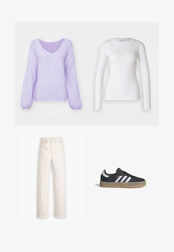 Jersey de punto lila con escote en V, hombros caídos y mangas largas. Material suave, texturizado y ligeramente holgado.; Camisa blanca de manga larga hecha de tela acanalada, con un cuello redondo y una forma ajustada. No presenta patrones ni detalles.; Jeans de mezclilla blanca con un diseño de pierna recta, estilo de cinco bolsillos y detalles de hardware en color cobre. Acabado sin dobladillo en los tobillos.; Zapatilla deportiva de cuero negro con tres rayas plateadas, punta texturizada y suela de goma. Cuenta con un collar acolchado y un diseño con cordones.