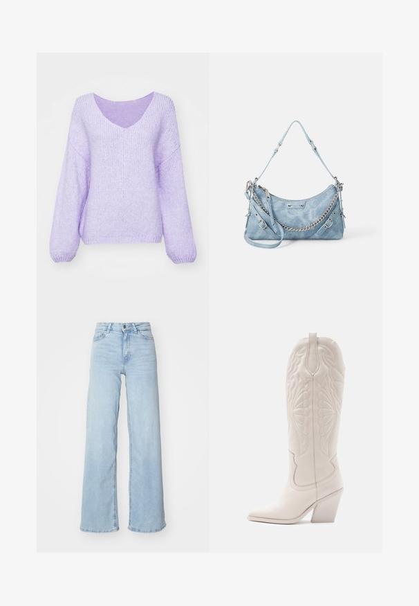 Lila gebreide sweater met een V-hals, verlaagde schouders en lange mouwen. Het materiaal is zacht, gestructureerd en heeft een iets losse pasvorm.; Lichtblauwe wijde jeans van denim. Met een hoge taille, knoopsluiting aan de voorkant en twee zakken. Gladde textuur met subtiele vervaging.; Witte leren cowboylaars met een spitse neus en een vierkante hak. Heeft ingewikkelde stikpatronen op de schacht en een soepele textuur.; ALDO FARALAELIAX - Handtas - blue