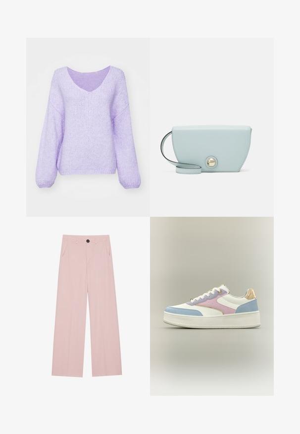 Jersey de punto lila con escote en V, hombros caídos y mangas largas. Material suave, texturizado y ligeramente holgado.; Pantalones de pierna ancha de color rosa claro, confeccionados en una tela suave, que presentan un cierre frontal con botón, dos bolsillos laterales y una silueta ajustada.; Zapatilla deportiva de plataforma blanca con paneles en azul pastel, rosa y lavanda, cordones blancos y detalle metálico dorado en el talón sobre fondo liso.; Bolso de cuero azul claro con forma de media luna, que presenta un botón redondo dorado decorativo y una correa delgada. Textura suave, diseño minimalista.