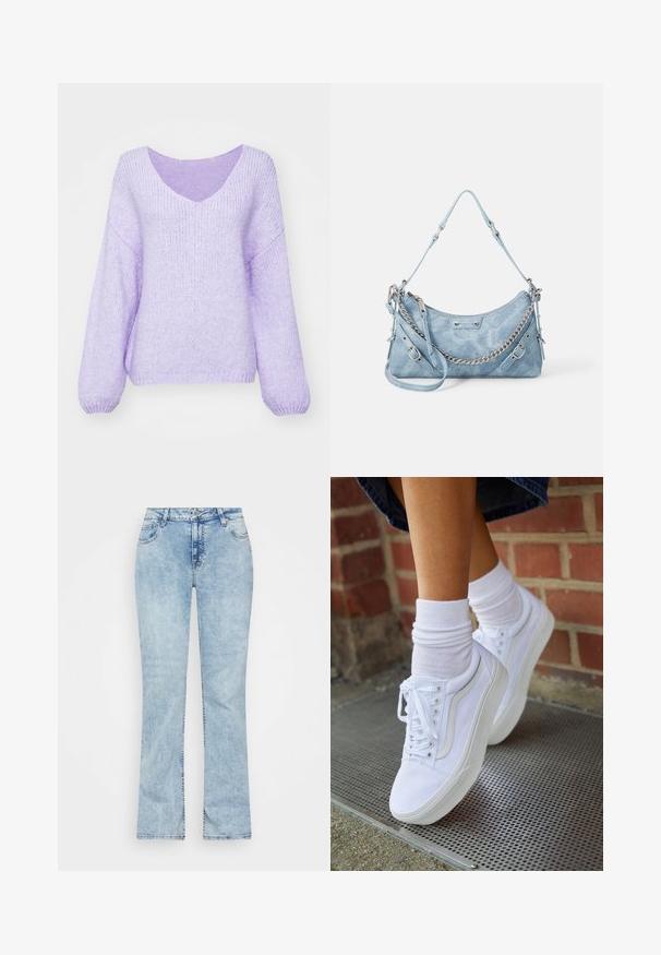 Lilla strikket sweater med V-hals, sænkede skuldre og lange ærmer. Materialet er blødt, tekstureret og en smule løs pasform.; Weekday FLAME LOW FLARED - Jeans Bootcut - blue dusty light; Hvide lærreds sneakers med gummisåler, der har seks snørehuller, rund tå og let sømdetaljer, krydret med hvide ankelstrømper.; ALDO FARALAELIAX - Håndtasker - blue