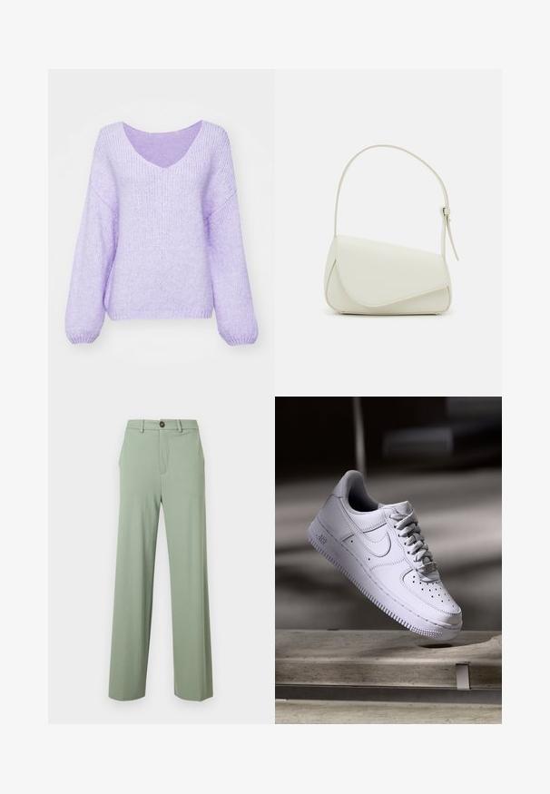 Jersey de punto lila con escote en V, hombros caídos y mangas largas. Material suave, texturizado y ligeramente holgado.; Pantalones de pierna recta de color verde claro con trabillas para cinturón, bolsillos laterales y cierre de botón en la pretina.; Zapatilla Nike Air Force 1 blanca levitando sobre una superficie de hormigón con sombras en un entorno minimalista.; Bolso de mano de imitación cuero blanco con una forma triangular estructurada, correa ajustable única y cierre con solapa acentuada en curva.