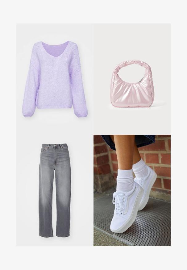 Lilla strikket sweater med V-hals, sænkede skuldre og lange ærmer. Materialet er blødt, tekstureret og en smule løs pasform.; Weekday RAIL MID LOOSE STRAIGHT - Jeans Straight Leg - misty grey; Hvide lærreds sneakers med gummisåler, der har seks snørehuller, rund tå og let sømdetaljer, krydret med hvide ankelstrømper.; Rosa, polstret håndtaske med afrundet design, lavet af skinnende materiale. Har et samlet håndtag og en lynlås til sikker adgang.