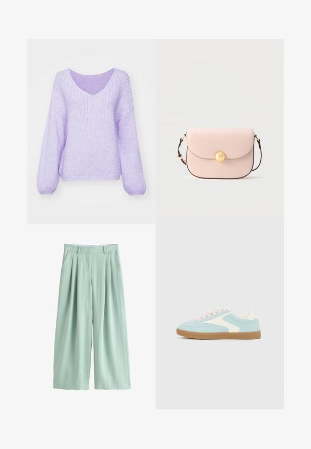 Lilla strikket sweater med V-hals, sænkede skuldre og lange ærmer. Materialet er blødt, tekstureret og en smule løs pasform.; Lysegrønne bukser med vide ben, frontlige læg, bæltestropper, sidelommer og skjult frontlukning.; Lyseblå og hvide sneakers med lyserøde snørebånd og brun gummisål, set fra siden på ensfarvet lysgrå baggrund.; Lyserød lædertaske med rundet klap, guldhardware med knaplukning og en tynd justerbar rem. Glat tekstur.