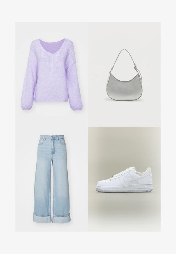Lilla strikket sweater med V-hals, sænkede skuldre og lange ærmer. Materialet er blødt, tekstureret og en smule løs pasform.; Lysblå brede jeans med høj talje, opsmøgede ben og klassisk denimtekstur. Har frontlommer og lynlås lukning.; Hvid Nike Air Force 1 sneaker med lavt skaft, snørebånd, perforeret tå og tekstureret gummisål på neutral baggrund.; Sølv faux læder håndtaske med en buet form, kort justerbar strop og glat overflade, præget af minimal syning.