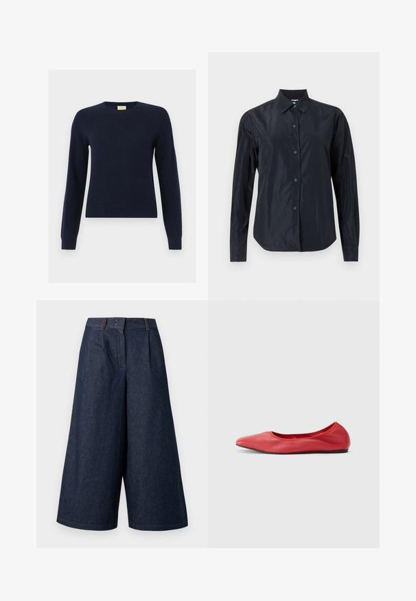 Pull à col rond bleu marine à manches longues avec poignets et ourlet côtelés, présenté à plat sur un fond blanc.; Chemise noire à manches longues avec boutons, col, tissu mat et poignets ajustés, présentée sur un fond clair neutre.; Culottes en denim bleu foncé à jambes larges avec plis devant et passants de ceinture, longueur du genou au mollet, présentés sur un fond clair.; Filippa K REY FLATS - Ballerines - bright red