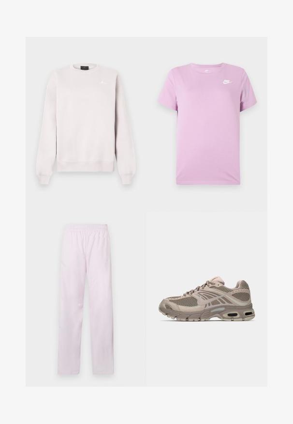 Sweatshirt beige clair à col ras du cou avec des manches longues et un petit logo Jumpman blanc sur la poitrine gauche.; T-shirt Nike lilas à manches courtes avec le logo Nike blanc sur le haut à gauche de la poitrine, encolure ronde et fond de tissu uni.; Pantalons de sport Nike rose clair avec ceinture élastique, jambes droites, et logo Nike swoosh blanc subtil sur la cuisse gauche.; Chaussure de sport beige avec tige en mesh, accents moulés, bout arrondi et amorti d'air visible dans la semelle. Lacets de couleur neutre.