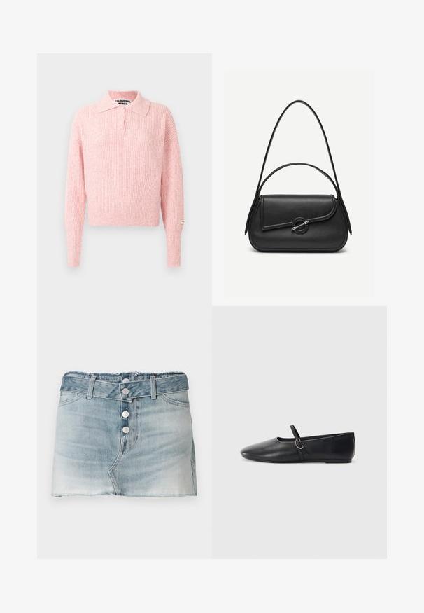 Pull en rose côtelé avec un col et une patte de boutonnage à trois boutons. Manches longues et coupe courte. Étiquette cousue sur la manche.; Jupe en denim mini en délavage bleu clair, avec un ourlet effiloché, une fermeture à cinq boutons à l'avant et des passants de ceinture. Design classique à cinq poches.; Ballerines noires en cuir avec un bout pointu, une semelle plate et une petite sangle avec un détail de boucle en argent.; Sac à main en cuir noir avec bords arrondis, rabat asymétrique, fermoir circulaire en métal, et des bandoulières courtes et longues.