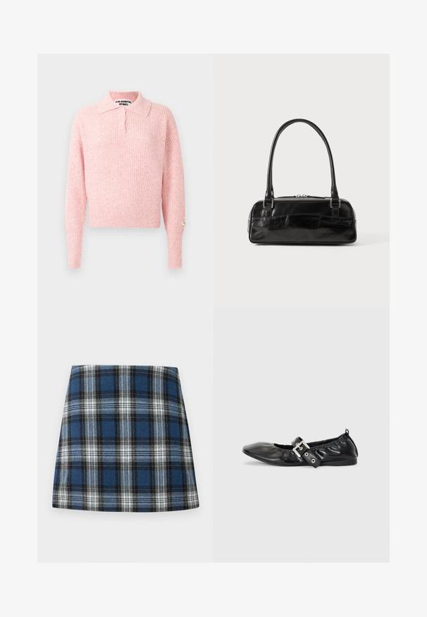 Pull en rose côtelé avec un col et une patte de boutonnage à trois boutons. Manches longues et coupe courte. Étiquette cousue sur la manche.; Jupe en tartan bleu présentant un motif à carreaux varié en bleu, noir et blanc. Fabriquée dans un tissu texturé avec une silhouette ajustée.; Chaussure plate en cuir noir avec un nez pointu, des détails froncés autour de l'ouverture et un accent en boucle argentée sur la bride ajustable.; Sac à main en cuir noir de forme rectangulaire, doté d'une seule ansse structurée, de quincaillerie argentée et d'une fermeture éclair. Texture lisse.