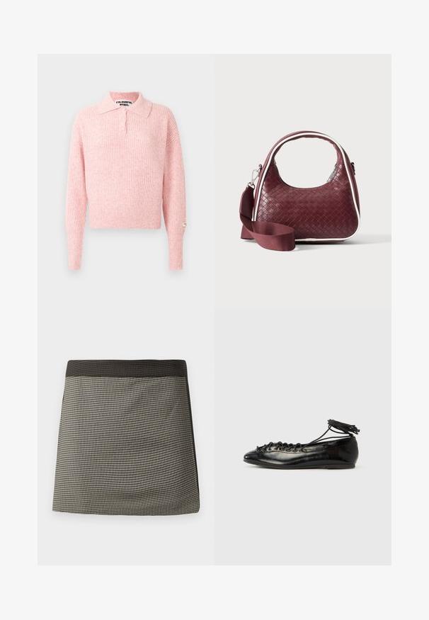 Pull en rose côtelé avec un col et une patte de boutonnage à trois boutons. Manches longues et coupe courte. Étiquette cousue sur la manche.; Jupe à carreaux noirs et crème avec une taille noire unie. Présente une coupe droite, une texture lisse et un motif uniforme dans tout le vêtement.; Ballerines en cuir verni noir avec un bout rond, un design à lacets et une semelle plate. Texture lisse avec peu de détails.; Sac à main en cuir tressé marron foncé avec poignée courbée, garniture blanche, fermeture éclair argentée et bandoulière large en tissu amovible sur fond uni.