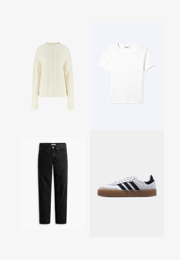 Pull en maille torsadée de couleur crème avec un col rond, des manches longues et un motif texturé sur l'ensemble. Les poignets et l'ourlet côtelés ajoutent des détails.; T-shirt blanc uni à manches courtes et col rond avec une petite étiquette "WEEKDAY" à l'intérieur de l'encolure, présenté à plat sur un fond clair.; Jeans noirs à jambe droite avec fermeture à bouton et à zip, passants de ceinture et poches avant et arrière, présentés à plat sur un fond blanc.; Baskets en cuir blanc avec des rayures noires, semelle extérieure en caoutchouc beige, bout rond, fermeture lacée et embout en suède gris doux.