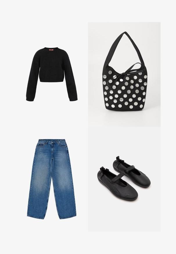 Sort cropped sweater lavet af struktureret stof. Har lange ærmer og en rund halsudskæring. Minimalistisk design uden synlige mønstre eller accenter.; Lyseblå denim wide-leg jeans med høj talje, med knaplukning, bæltestropper og klassisk fem-lomme design.; Par sorte læder Mary Jane-stil sko med elastisk bagpå og velcrolukning, med en diskret Puma-logo på hver tå.; Sort stof håndtaske med en afrundet form, der har sølvfarvede cirkulære metalnitter arrangeret i et mønster, samt et bundet stofaccent.