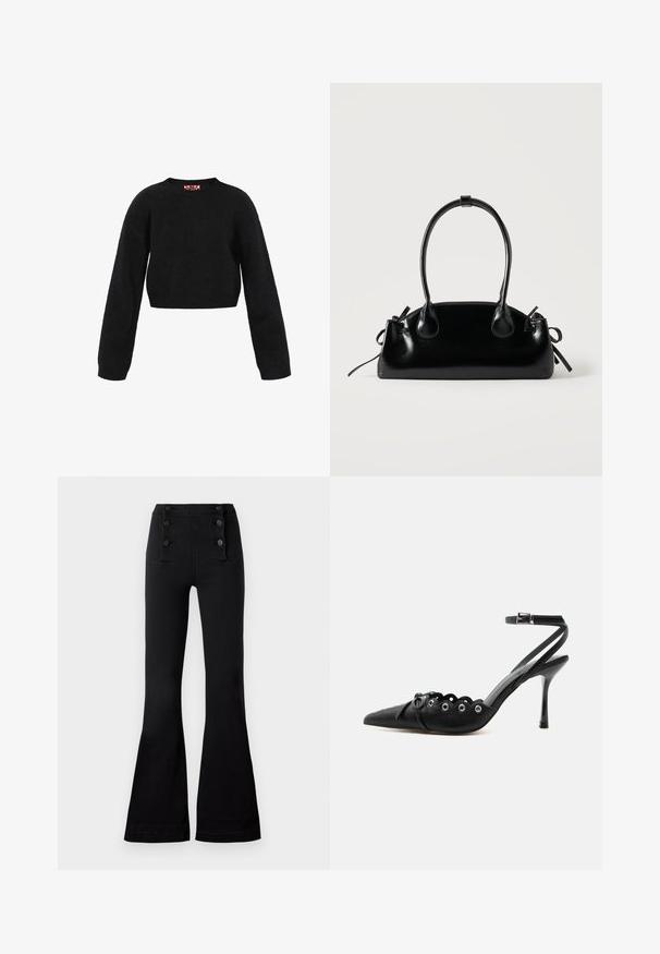 Pull court noir en tissu texturé. Il présente des manches longues et un col rond. Design minimaliste sans motifs ni accents visibles.; Pantalons évasés noirs en denim avec une taille haute, ornés de quatre boutons décoratifs à l'avant et d'une texture lisse.; Chaussure à talon haut noire à bout pointu, bords festonnés, œillets métalliques, lacets à l'avant et bride de cheville avec fermeture à boucle.; Petit sac à main noir brillant avec deux longues anses et des détails à cordon sur les côtés sur un fond clair uni.