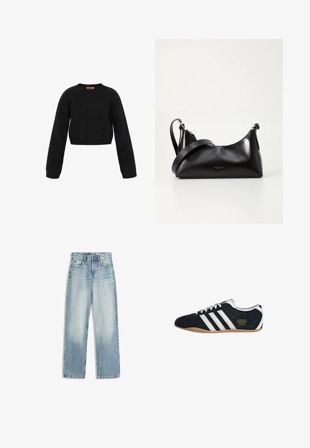 Sort cropped sweater lavet af struktureret stof. Har lange ærmer og en rund halsudskæring. Minimalistisk design uden synlige mønstre eller accenter.; Lyseblå denimjeans, høj talje, med lige ben. Har klassisk fem-lomme design og subtil falming foran.; Sort ruskinds sneaker med hvide tre striber, guldlogo og en brun gummisål. Har et lavprofil snørebåndsdesign.; Sort læderhåndtaske med en glat tekstur. Har en justerbar stropp og et enkelt, minimalistisk design med lynlås.