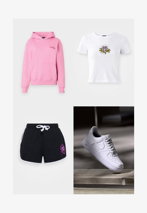 Roosa kapuutsiga särk, mis on valmistatud pehmest kangast, esiküljel on tasku, ribidega mansetid ja vasakul rinnal broderitud logo.; Valge lühikeste varrukatega T-särk, millel on keha järgi istuv disain, keskosas tikitud roosi graafika ja lille ümber ringikujuline tekst.; Mustad musta värvi puuvillased püksikud, millel on valge pael, valge äär ning lilla ümmargune logo esimesel paremal küljel.; Valge Nike Air Force 1 toss, mis hõljub betoonpinna kohal, varjud minimalistlikus keskkonnas.