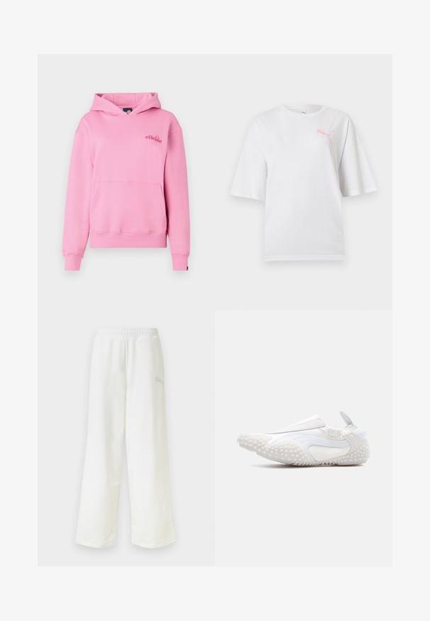 Roze hoodie van zachte stof met een voorzak, ribbelmanchetten en een geborduurd logo aan de linkerzijde van de borst.; Witte T-shirt met korte mouwen en ronde hals, met een klein roze Puma-logo op de linkerborst.; Witte, losse sweatpants met elastische tailleband en subtiel logo aan de zijkant van de rechterdij.; Witte instapsneaker met gestructureerde rubberen zool en zijkanten, elastische kraag en trekkoord aan de hiel, zijaanzicht op een effen achtergrond.