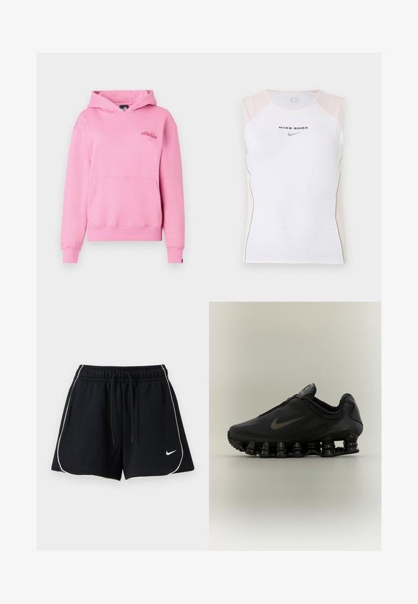 Roze hoodie van zachte stof met een voorzak, ribbelmanchetten en een geborduurd logo aan de linkerzijde van de borst.; Wit mouwloos sporttopje met beige accenten op de schouders, de tekst "NIKE SHOX" en een zwart Nike-swooshlogo op de borst.; Zwarte atletische korte broek met witte biezen langs de randen, elastische tailleband met trekkoord en klein wit Nike-vinkje op het onderste linkerbeen.; Zwarte Nike-sneaker met een bovendeel met ritssluiting en een kenmerkende veerachtige, gesegmenteerde zool, weergegeven in zijaanzicht op een neutrale achtergrond.