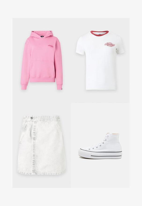 Roze hoodie van zachte stof met een voorzak, ribbelmanchetten en een geborduurd logo aan de linkerzijde van de borst.; Wit T-shirt met korte mouwen, rode ronde halsomranding en een klein rood Dickies-logo op de linkerborst.; Denimrok in lichtgrijs. A-lijn ontwerp met voorzakken, een zichtbare naad in het midden en een enkele metalen knop op de tailleband.; Witte hoge sneakers van canvasmateriaal, zwarte rubberen zool en contrasterende zwarte streep op de tussenzool. Circulaire neus en vetersluiting.