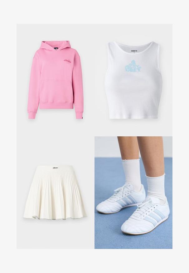 Lyserød hættetrøje lavet af blødt stof med en lomme foran, ribbede manchetter og et broderet logo på venstre side af brystet.; Hvid ribbet crop top med rund halsudskæring og et lyseblåt "OBEY" logo centreret på brystet. Glat tekstur og tætsiddende design.; Hvid plisseret tennisnederdel med bred linning og et lille ellesse-logo foran i midten.; Hvide lædersportssko med lyseblå striber, struktureret tåhætte og hvide ankelstrømper. Vist på en blå tæppeoverflade.