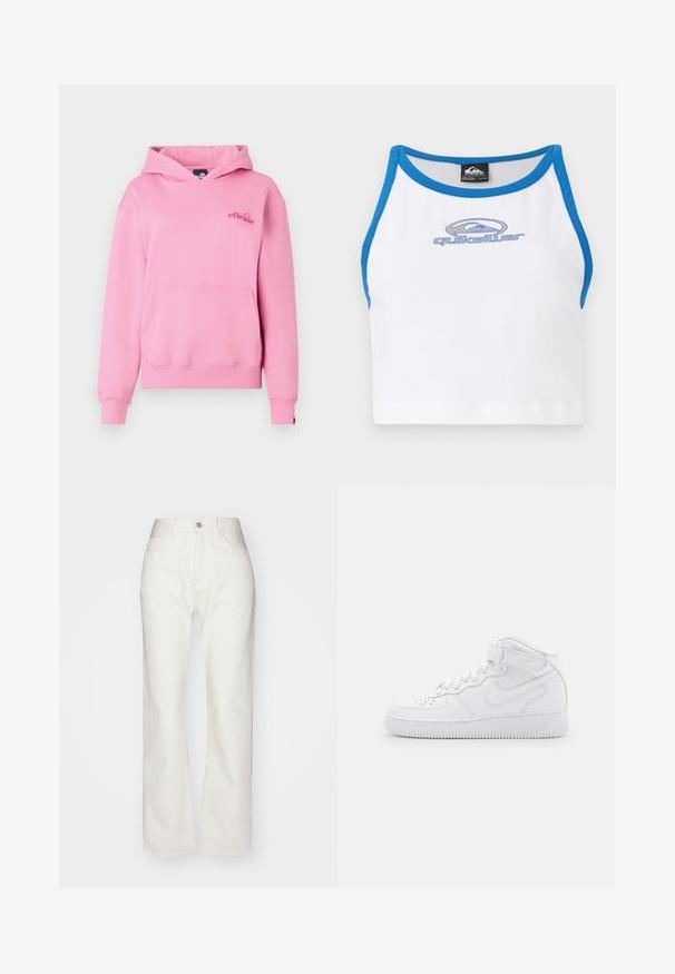 Rosa Kapuzenpullover aus weichem Stoff mit einer Fronttasche, gerippten Bündchen und einem bestickten Logo auf der linken Brustseite.; Weißes Crop-Top mit blauen Akzenten und einem runden Halsausschnitt. Auf der Vorderseite befindet sich ein blauer Quiksilver-Logo. Hergestellt aus einem glatten, leichten Material.; Weiße Denim-Hosen mit hoher Taille und weit geschnittenem Bein. Mit einem Knopf- und Reißverschluss, Gürtelschlaufen und dezenten Nähten.; Weiße High-Top-Sneaker aus Leder mit gepolstertem Schaft, perforierter Zehenkappe, Schnürung und verstellbarem Knöchelriemen; Logo an der Seite.