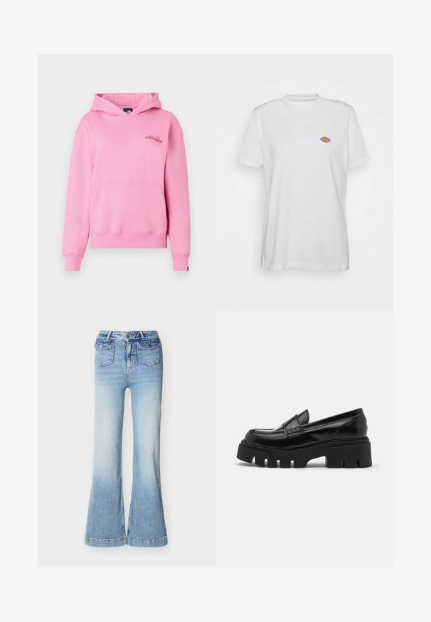Rosa Kapuzenpullover aus weichem Stoff mit einer Fronttasche, gerippten Bündchen und einem bestickten Logo auf der linken Brustseite.; Weißes Baumwoll-T-Shirt mit Rundhalsausschnitt und kurzen Ärmeln, das ein kleines, farbenfrohes, aufgenähtes "Diesel"-Logo auf der Brust zeigt.; Hellblaue Jeans aus Denim mit hoher Taille und weitem Bein, zwei vorderen Klappentaschen mit Knöpfen sowie einem Knopf- und Reißverschluss.; Schwarze Lederloafer mit einer massiven, strukturierten Plateausohle und einem dekorativen Riemen über dem Obermaterial. Glatte, glänzende Oberfläche.