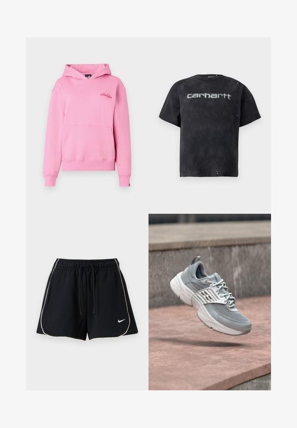 Lyserød hættetrøje lavet af blødt stof med en lomme foran, ribbede manchetter og et broderet logo på venstre side af brystet.; Sort tie-dye T-shirt lavet af bomuld. Har korte ærmer, rund halsudskæring og en stor grå logo foran. Subtile slidte detaljer.; Sorte atletikshorts med hvide kanter, elastisk linning med snøre og lille hvid Nike swoosh-logo på venstre nederste ben.; Lysegrå atletiksko med hvid sål og remdetalje, svævende over en rosa betonoverflade med en grå stenbaggrund.