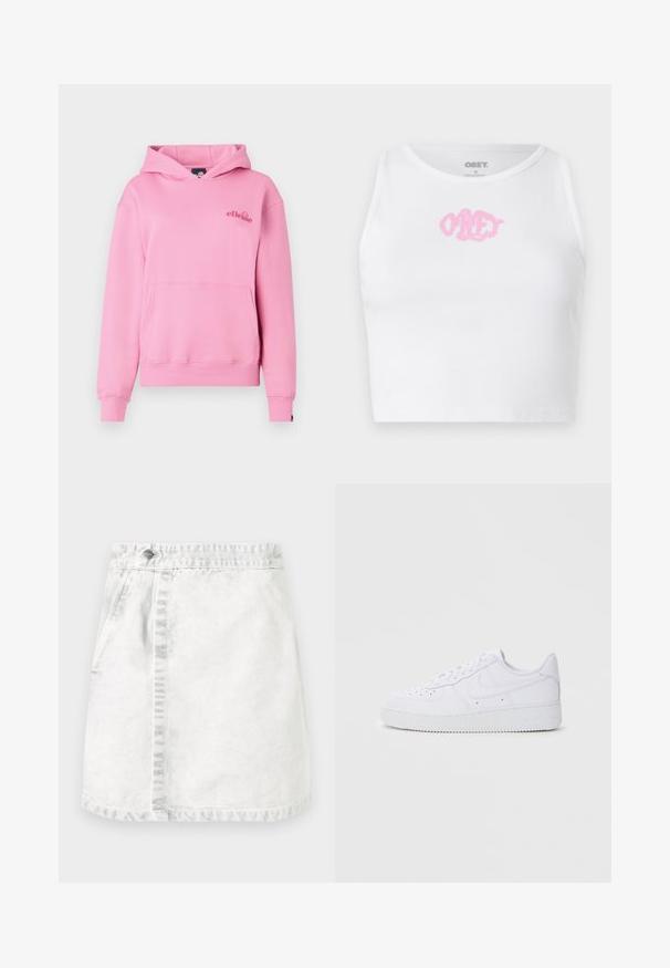 Roze hoodie van zachte stof met een voorzak, ribbelmanchetten en een geborduurd logo aan de linkerzijde van de borst.; Witte geribde cropped top met een roze "OBEY" logo in het midden. Ontworpen met een ronde halslijn en zonder mouwen.; Denimrok in lichtgrijs. A-lijn ontwerp met voorzakken, een zichtbare naad in het midden en een enkele metalen knop op de tailleband.; Witte Nike Air Force 1 sneakers met een leren bovenwerk, ronde neus, vetersluiting, gewatteerde kraag en textuurrubberzool.