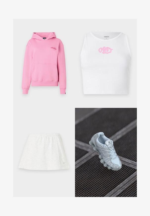 Sudadera rosa hecha de tela suave, con un bolsillo delantero, puños acanalados y un logotipo bordado en el lado izquierdo del pecho.; Top corto blanco de canalé con un logo rosa de "OBEY" en el centro. Diseñado con un escote redondo y sin mangas.; Falda deportiva blanca hecha de una tela suave y texturizada, con una cinturilla elástica y un pequeño logo dorado de Nike en el dobladillo.; Zapatilla deportiva de color azul claro con una parte superior texturizada, que presenta una suela redondeada con elementos cilíndricos y un logo prominente en la lengüeta.