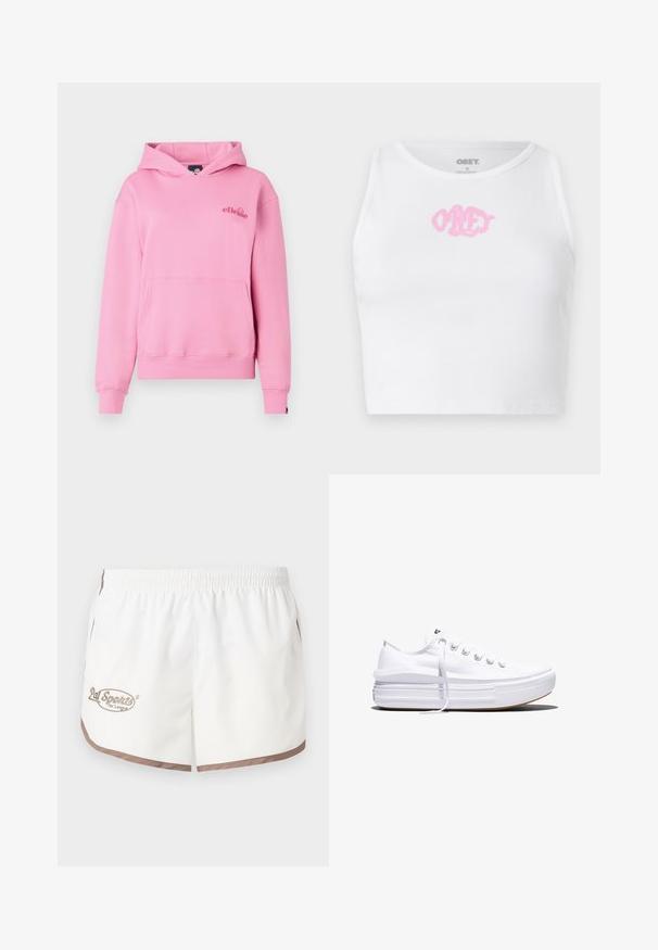 Roosa kapuutsiga särk, mis on valmistatud pehmest kangast, esiküljel on tasku, ribidega mansetid ja vasakul rinnal broderitud logo.; Valge sooniline lühike topp, mille keskel on roosa "OBEY" logo. Kujundatud ümmarguse kaelusega ja ilma varrukateta.; Pal Sporting Goods LEAGUE WOMENS - Lühikesed püksid - marshmallow/khaki; Valge madala lõikega lõuendijalanõu, millel on paks platvormpõhi, ees nöörimine ja kummist tekstuuriga varbakate, kujutatud külgvaates.