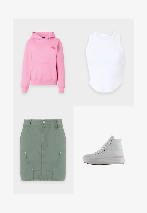 Roze hoodie van zachte stof met een voorzak, ribbelmanchetten en een geborduurd logo aan de linkerzijde van de borst.; Good American MICRO TANK - Top - white; Groene katoenen rok met een fitted ontwerp, voorzien van voorzakken, een gladde textuur en metalen hardwareaccenten op de zakken.; Witte hoge canvas sneaker met witte veters, metalen oogjes, dikke rubberen zool en gestructureerde neuskap, naar links gericht op een witte achtergrond.