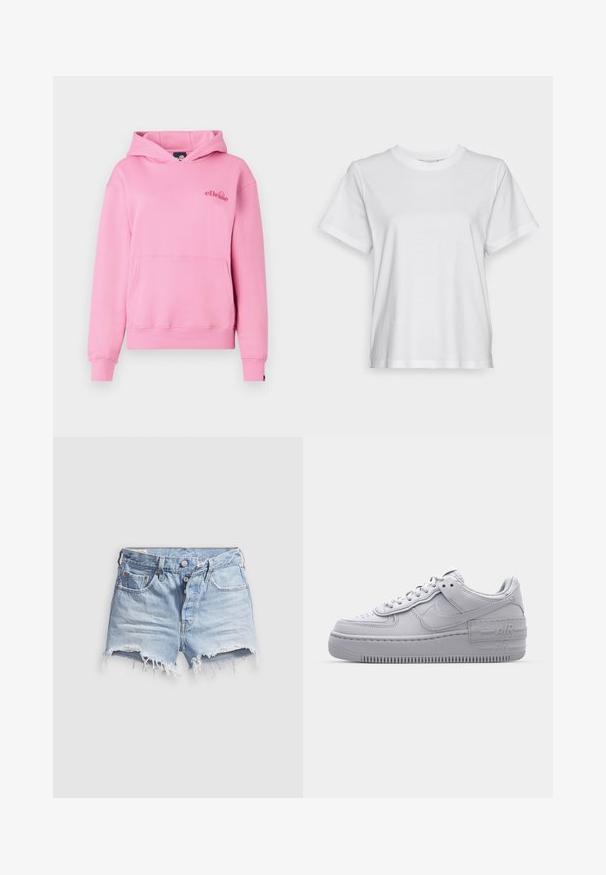 Rosa Kapuzenpullover aus weichem Stoff mit einer Fronttasche, gerippten Bündchen und einem bestickten Logo auf der linken Brustseite.; Weißes Baumwoll-T-Shirt mit kurzen Ärmeln, Rundhalsausschnitt und lässigem Schnitt. Glatte Textur, keine Muster oder Grafiken, einfaches Design.; Hellblaue Jeans-Cut-off-Shorts mit ausgefransten Säumen, fünf Taschen und einem Knopfverschluss. Die Textur ist weich mit einem leicht abgenutzten Aussehen.; Graue Nike Air Force 1 Sneaker mit perforierter Zehenpartie, Obermaterial aus glattem Leder, dicker Sohle und geprägtem 'AIR'-Detail an der Ferse.