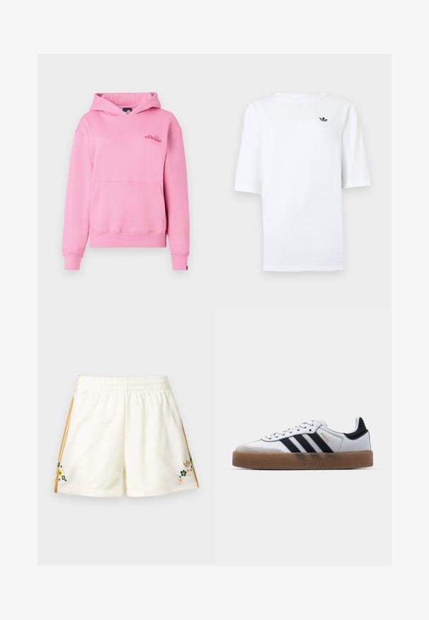 Roze hoodie van zachte stof met een voorzak, ribbelmanchetten en een geborduurd logo aan de linkerzijde van de borst.; Wit Adidas T-shirt met korte mouwen en een klein zwart trefoil-logo op de linkerborst.; Roomkleurige sportkorte broek met gouden strepen aan de zijkanten en kleine geborduurde groene, gele en witte bloemen nabij de zoom aan beide zijden.; Witte leren sneakers met zwarte strepen, gumrubberen buitenzool, ronde neus, vetersluiting en een zachte grijze suède neuskap.