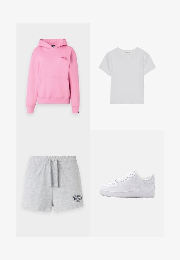 Lyserød hættetrøje lavet af blødt stof med en lomme foran, ribbede manchetter og et broderet logo på venstre side af brystet.; Hvid kortærmet V-hals t-shirt lavet af ribbet stof. Har et rent design med en lige kant og minimal detaljer.; Lysegrå bomuldsshorts med elastisk taljebånd og snøre, med teksten "Minnesota Midwest USA" på det nederste højre ben.; Hvid lavtop sneaker med perforeret tå, Nike swoosh og dekorative hvide blomsterdetaljer på hælen og siden.