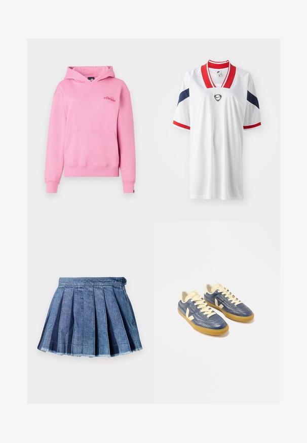 Roosa kapuutsiga särk, mis on valmistatud pehmest kangast, esiküljel on tasku, ribidega mansetid ja vasakul rinnal broderitud logo.; Valge sportlik särk, millel on punased ja meresinised aktsendid, V-kaelus, lühikesed varrukad ning kergesti hingav tekstuur, millel on rinnal logo detail.; Sinine denimist plisseeritud mini seelik, millel on nööbiga ja sivritsuga sulgemine, ning frakitud ääre detail.; Sinised tekstuuriga madala säärega tossud kreemide paelte ja detailidega ning kummist tallaga, paigutatud kõrvuti valgel taustal.