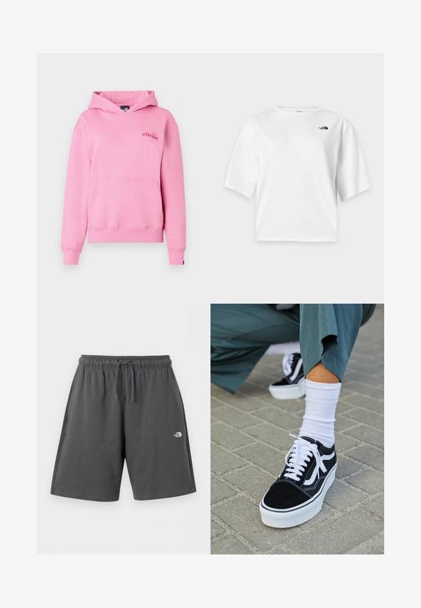 Sudadera rosa hecha de tela suave, con un bolsillo delantero, puños acanalados y un logotipo bordado en el lado izquierdo del pecho.; Camiseta blanca de manga corta y cuello redondo con el logo de The North Face en negro en el pecho izquierdo.; Pantalones cortos deportivos de color gris oscuro con cintura elástica y cordón, que presentan un pequeño logo blanco de "The North Face" en el muslo derecho.; Zapatillas de ante negro con acentos y cordones blancos, que cuentan con una gruesa suela blanca y costuras en contraste, combinadas con un calcetín blanco.