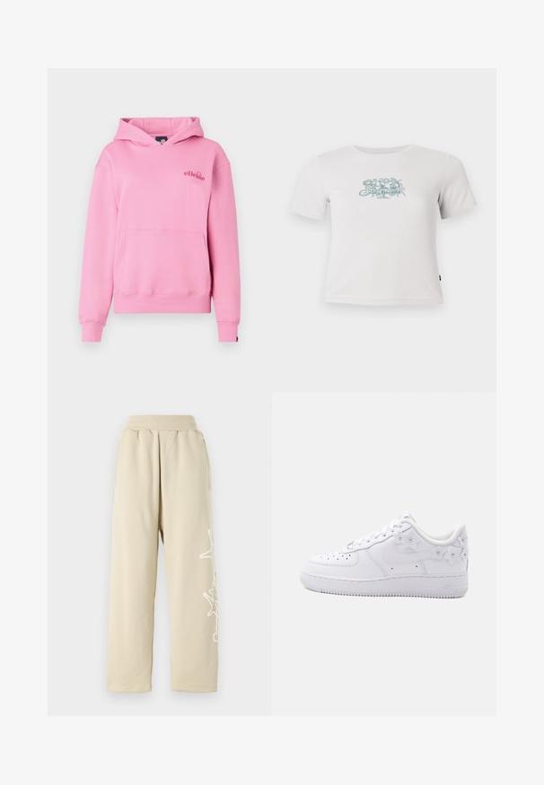Rosa Kapuzenpullover aus weichem Stoff mit einer Fronttasche, gerippten Bündchen und einem bestickten Logo auf der linken Brustseite.; Kurzes, weißes, geripptes T-Shirt mit kurzen Ärmeln und einem kleinen grünen Blumenmotiv in der Mitte der Brust.; Beige Sweatpants mit lockerer Passform, einem elastischen Bund, Seitentaschen und einem weißen grafischen Detail entlang des linken Beins. Aus weichem Baumwollmaterial.; Weißer Low-Top-Sneaker mit perforierter Zehe, Nike-Swoosh und dekorativen weißen Blumenakzenten an Ferse und Seite.