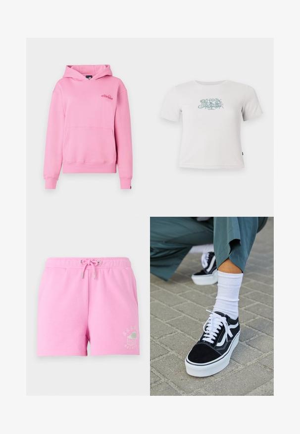 Sudadera rosa hecha de tela suave, con un bolsillo delantero, puños acanalados y un logotipo bordado en el lado izquierdo del pecho.; Camiseta blanca de manga corta con coste ribeteado y un pequeño gráfico floral verde centrado en el pecho.; Pantalones cortos de algodón rosa con cintura elástica y cordón, que presentan un gráfico impreso en blanco de un vaso de helado en el lado inferior.; Zapatillas de ante negro con acentos y cordones blancos, que cuentan con una gruesa suela blanca y costuras en contraste, combinadas con un calcetín blanco.
