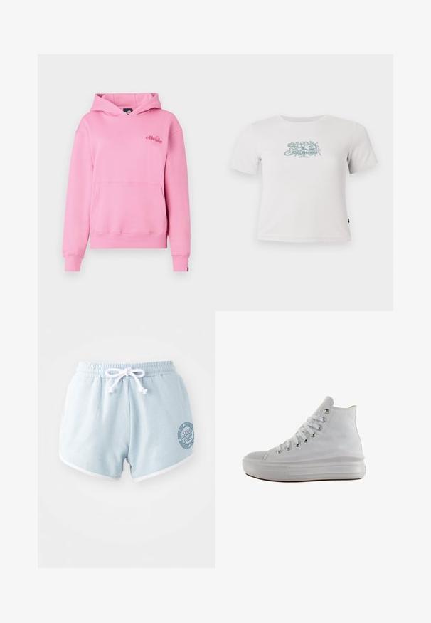 Rosa Kapuzenpullover aus weichem Stoff mit einer Fronttasche, gerippten Bündchen und einem bestickten Logo auf der linken Brustseite.; Kurzes, weißes, geripptes T-Shirt mit kurzen Ärmeln und einem kleinen grünen Blumenmotiv in der Mitte der Brust.; Helle blaue Shorts aus weichem Stoff mit einem weißen Kordelzug, versehen mit weißen Besätzen und einem runden Logopatch an der Seite.; Weißer High-Top-Canvas-Sneaker mit weißen Schnürsenkeln, metallischen Ösen, dicker Gummisohle und strukturierter Zehenkappe, nach links auf weißem Hintergrund ausgerichtet.