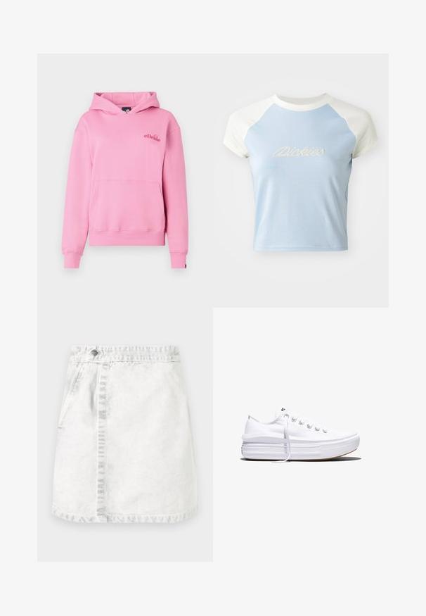Rosa Kapuzenpullover aus weichem Stoff mit einer Fronttasche, gerippten Bündchen und einem bestickten Logo auf der linken Brustseite.; Hellblaues, verkürztes T-Shirt mit kurzen weißen Raglanärmeln. Vorn mit gesticktem "Dickies"-Text in dekorativem Stil.; Denimrock in Hellgrau. A-Linie Design mit vorderen Taschen, einer sichtbaren Naht in der Mitte und einem einzelnen Metallknopf am Bund.; Weißer Canvas-Sneaker mit niedrigem Schnitt, dicker Plateau-Sohle, vorderer Schnürung und rauer Gummikappe an der Spitze, aus seitlicher Ansicht gezeigt.