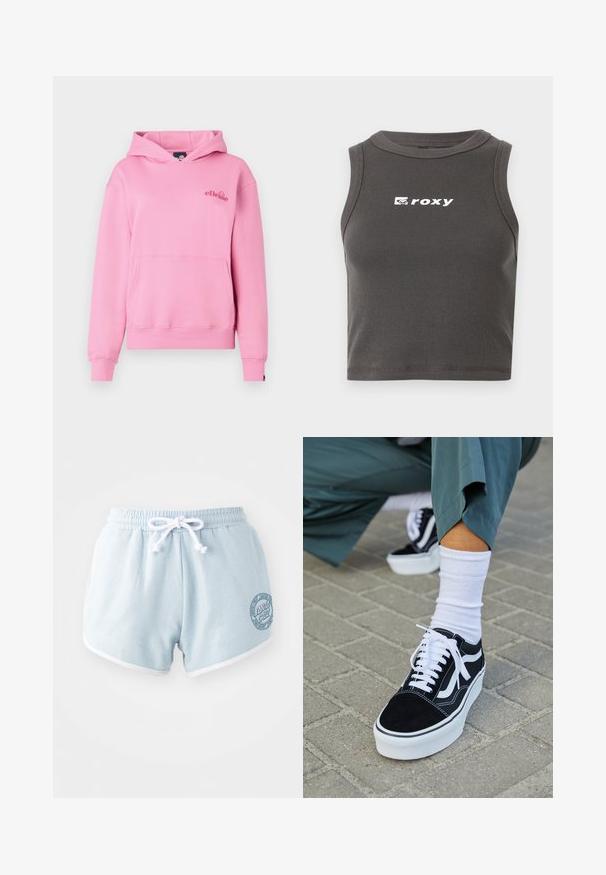 Lyserød hættetrøje lavet af blødt stof med en lomme foran, ribbede manchetter og et broderet logo på venstre side af brystet.; Grå ribbet cropped tanktop med rund halsudskæring og ærmeløst design. Viser det hvide "roxy" logo på forsiden.; Lyseblå shorts lavet af blødt stof med en hvid snor, der har hvid kant og et rundt logo patch på siden.; Sorte ruskinds sneakers med hvide accenter og snørebånd, der har en tyk hvid sål og kontrasterende syninger, parret med en hvid sok.