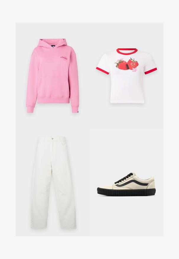 Lyserød hættetrøje lavet af blødt stof med en lomme foran, ribbede manchetter og et broderet logo på venstre side af brystet.; Hvid kortærmet cropped top med rød kant på krave og ærmer, med grafik af to jordbær og tallet "23".; Hvide jeans med brede ben lavet af bomuld, med et klassisk design med fem lommer og en metalknaplukning ved livet. Glat tekstur.; Beige lærredssneakers med en sort gummisål, sorte snørebånd og detaljer i sidebånd. Struktur overflade med et strømlinet design.
