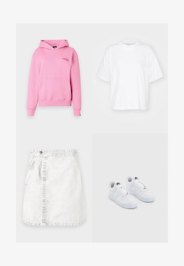 Roze hoodie van zachte stof met een voorzak, ribbelmanchetten en een geborduurd logo aan de linkerzijde van de borst.; Witte katoenen t-shirt met een ronde hals, korte mouwen en een ontspannen pasvorm. Heeft een subtiel logo op het linkerborstgedeelte. Zachte textuur.; Denimrok in lichtgrijs. A-lijn ontwerp met voorzakken, een zichtbare naad in het midden en een enkele metalen knop op de tailleband.; Witte Nike Air Force 1 sneakers met een glad leren bovenwerk, geperforeerde teenbox, witte veters en zwarte branding op de tong.