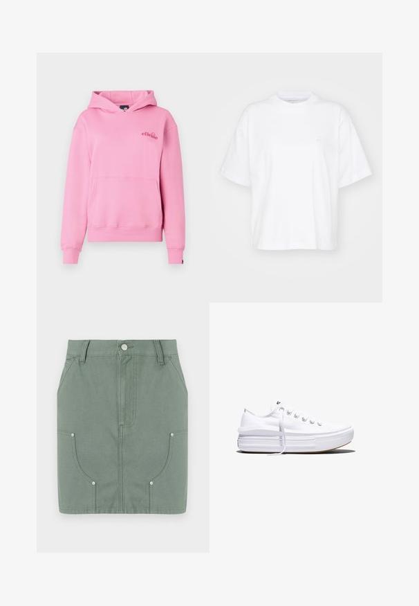 Roze hoodie van zachte stof met een voorzak, ribbelmanchetten en een geborduurd logo aan de linkerzijde van de borst.; Witte katoenen t-shirt met een ronde hals, korte mouwen en een ontspannen pasvorm. Heeft een subtiel logo op het linkerborstgedeelte. Zachte textuur.; Groene katoenen rok met een fitted ontwerp, voorzien van voorzakken, een gladde textuur en metalen hardwareaccenten op de zakken.; Witte lage canvas sneaker met dikke plateauzool, veters aan de voorkant en rubberen toeskap met structuur, zijaanzicht.