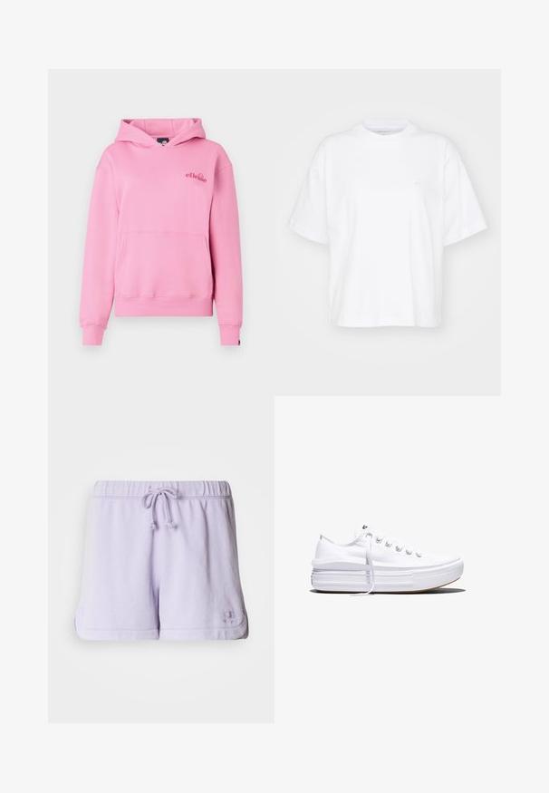 Sudadera rosa hecha de tela suave, con un bolsillo delantero, puños acanalados y un logotipo bordado en el lado izquierdo del pecho.; Camiseta de algodón blanca con cuello redondo, mangas cortas y un corte relajado. Presenta un logo sutil en el área del pecho izquierdo. Textura suave.; Pantalones cortos de algodón color púrpura claro con cintura elástica, cordón y bolsillos laterales. Presentan un pequeño logo en el dobladillo inferior derecho.; Zapatilla blanca de lona de perfil bajo con suela gruesa de plataforma, cierre de cordones en el frente y puntera de goma texturizada, mostrada de perfil.