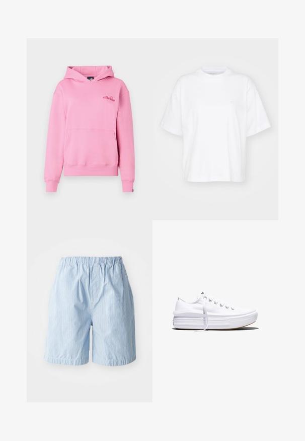 Rosa Kapuzenpullover aus weichem Stoff mit einer Fronttasche, gerippten Bündchen und einem bestickten Logo auf der linken Brustseite.; Weißes Baumwoll-T-Shirt mit Rundhalsausschnitt, kurzen Ärmeln und lockerer Passform. Verfügt über ein dezentes Logo auf der linken Brustseite. Glatte Textur.; Helle blaue Shorts aus Stoff mit vertikalen Nadelstreifen. Elastischer Bund und umgeschlagene Säume, die einen einfachen, lässigen Stil zeigen.; Weißer Canvas-Sneaker mit niedrigem Schnitt, dicker Plateau-Sohle, vorderer Schnürung und rauer Gummikappe an der Spitze, aus seitlicher Ansicht gezeigt.