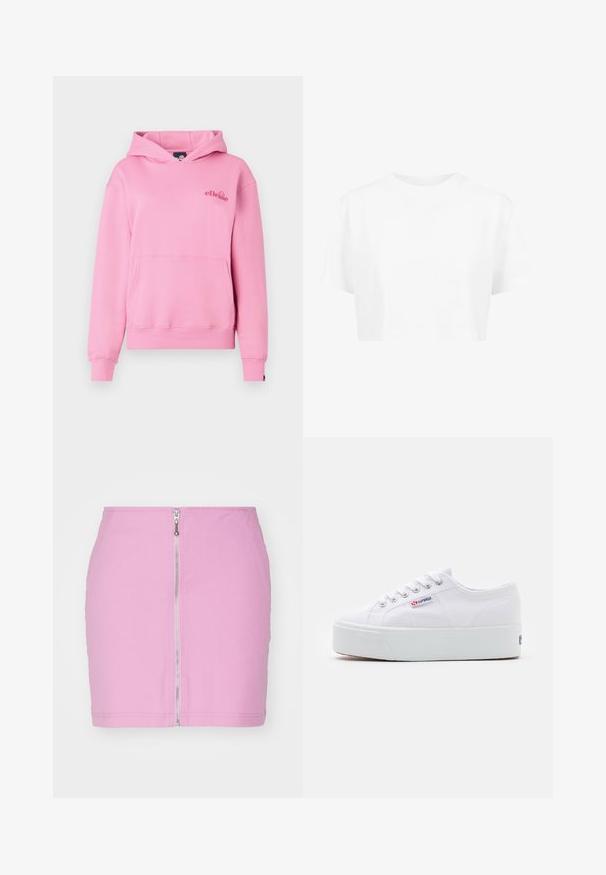 Rosa Kapuzenpullover aus weichem Stoff mit einer Fronttasche, gerippten Bündchen und einem bestickten Logo auf der linken Brustseite.; Weißes, kurzes T-Shirt mit kurzen Ärmeln und rundem Halsausschnitt, aus glattem Stoff, ohne sichtbare Muster oder auffällige Hardware.; Rosa Jeans-Minirock mit einem Reißverschluss vorne, tailliertem Design und einem sauberen Abschluss am Saum. Einfach, einfarbig ohne Muster.; Weiße Leinenschuhe mit einer dicken weißen Plattformsohle, runder Zehenpartie und Metallösen für die Schnürsenkel. Markenlogo an der Seite angebracht.