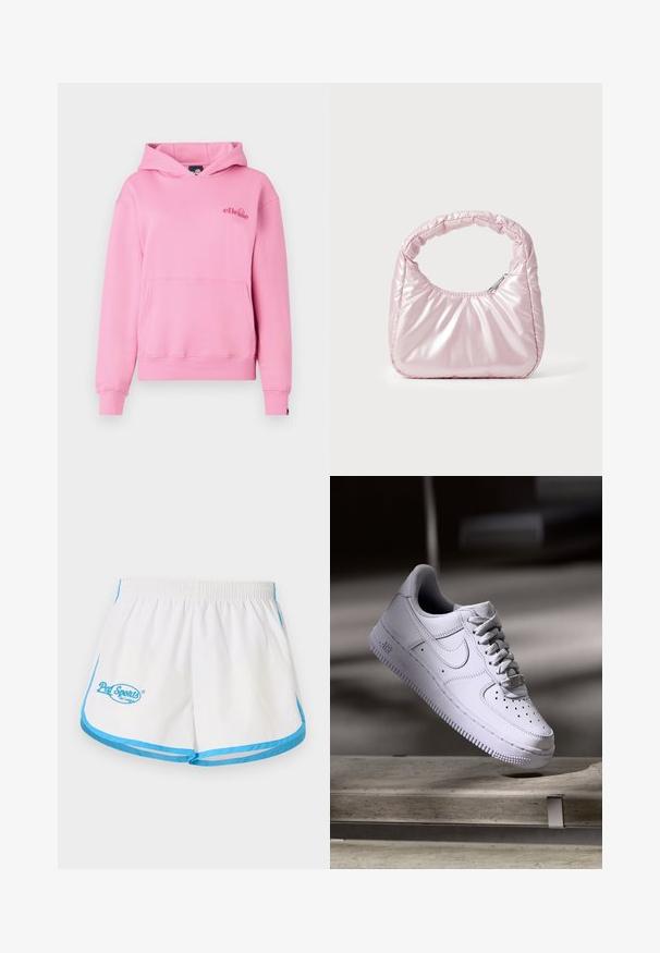 Sudadera rosa hecha de tela suave, con un bolsillo delantero, puños acanalados y un logotipo bordado en el lado izquierdo del pecho.; Pal Sporting Goods LEAGUE WOMENS - Shorts - marshmallow/blue; Zapatilla Nike Air Force 1 blanca levitando sobre una superficie de hormigón con sombras en un entorno minimalista.; Bolso de mano acolchado en color rosa con un diseño redondeado, fabricado en material brillante. Presenta un asa fruncida y un cierre de cremallera para un acceso seguro.