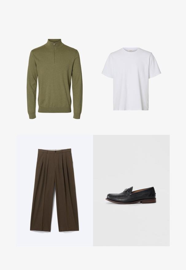 Pull vert à manches longues avec un col montant et une courte fermeture éclair à l'avant, fabriqué en tissu tricoté doux.; T-shirt blanc uni à manches courtes, col rond, coupe régulière et texture de tissu lisse, présenté sur fond blanc.; Pantalon marron à jambes larges avec fines rayures verticales, fermeture à boutons, passants pour ceinture et plis à l'avant.; Mocassins en cuir noir avec un bout arrondi, des détails décoratifs à l'avant et une semelle en cuir brun contrastante. Texture lisse et design à enfiler.